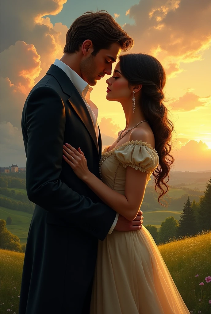 Masterpiece, Best quality, {Best quality}, {{Masterpiece}}, {A high resolution}, {{{field field}}, extremely detailed couple, illustration, couple, 1boys, 1girll, couple, Love, Love, Romantic, Sharp focus, Male focus, female focus, Black hair, Violet eyes, Sun, Sunlight, Lifting, Surprised, envy, Orange sky, tee shirt, men's leisure clothes, Expressionless, women's fashion