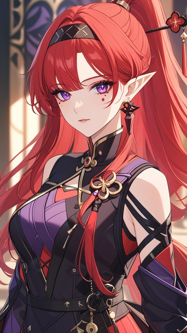 1girl,bangs,jewelry,ponytail,hairband,earrings,red hair,purple eyes,hair ornament,pointy ears,long hair,hair stick,facial mark,solo,mole,