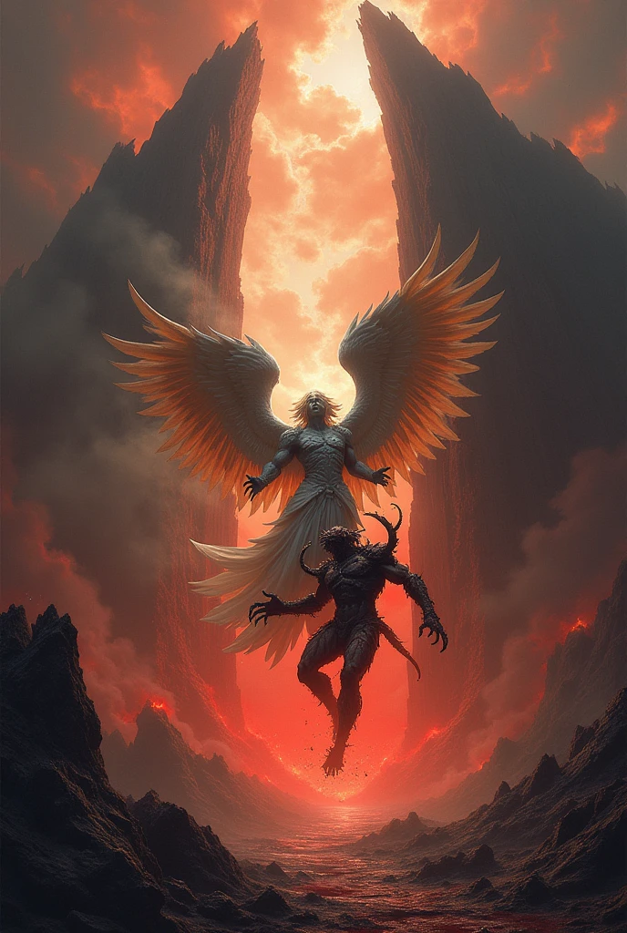 demons have captured paradise in heaven and taken angels hostage in anime style