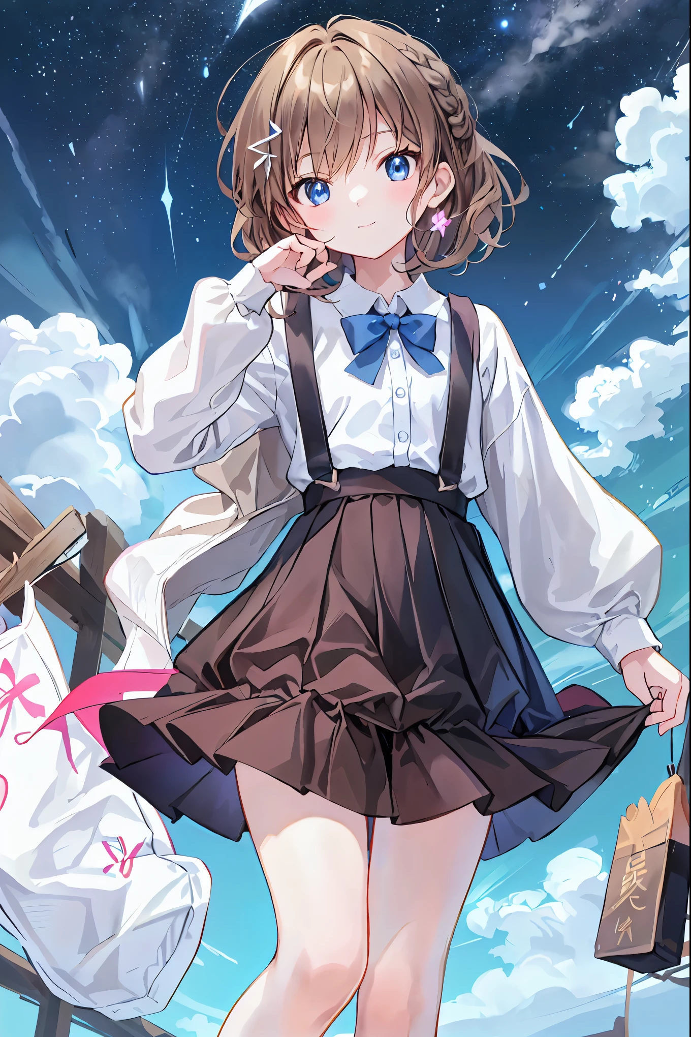 Anime girl in a short skirt and bow tie holding a bag - SeaArt AI
