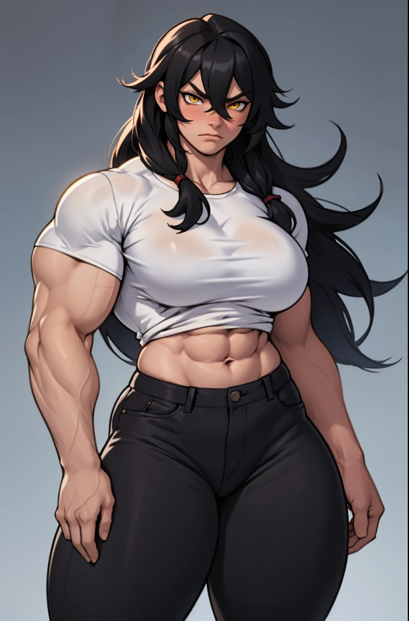 ((1girl)) pale skin large breasts (muscular) toned body thick thighs black hair yellow eyes (long hair grey background) bodybuilder angry tight shirt