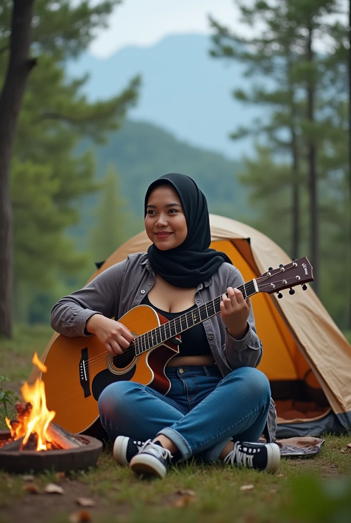 best quality,30 year old beautiful korean hijab woman, Look at the camera,pretty face,faint smile,hijab , wearing a hijab, hoodie, long jeans.and play folk guitar. standing on the top of the mountain.

INFORMATION
