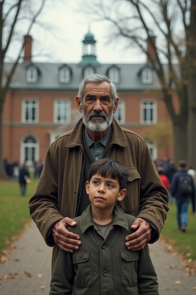 A 7 years old kid is standing beside his grandfather in a park