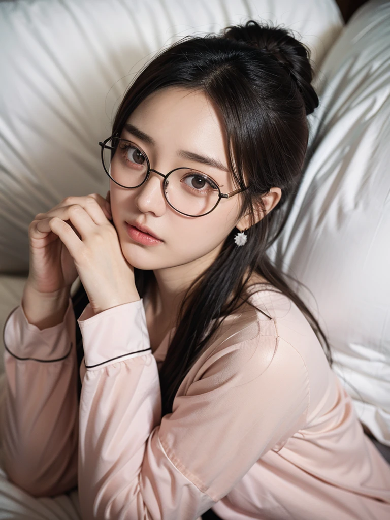 Beautiful detailed girl, very detailed eyes and face, beautiful detailed eyes, (full body), 1girl, , long hair, side split, (with glasses), (perfect body 1.3) ((side lying on bed)), stockings, (nightdress), super detailed, high resolution, best quality, masterpiece, illustration, fine details, masterpiece, 8k wallpaper, movie lighting,