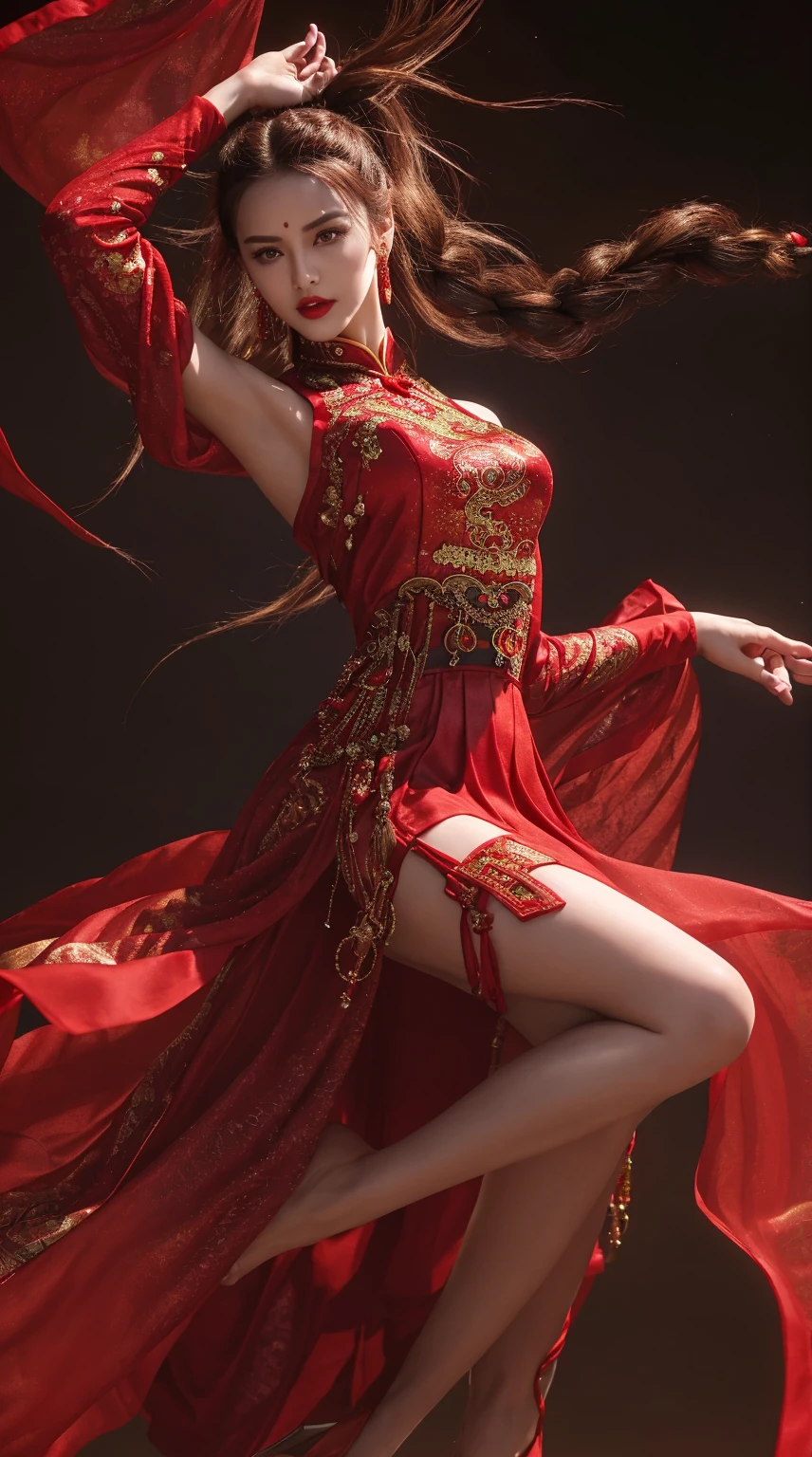 A beautiful woman with perfect curves wearing a red blue dress that gently flutters in the air,The beautiful woman was standing in a sea of beautiful flowers surrounding her, Chinese traditional, her flexible body increasing with every movement, So enchanting, the dim candlelight, the glowing butterflies fighting the darkness of the night, the light of the moon, The night wind blowing the curtains, the red flower petals , flower petals flying around the room, Chinese dancing, This woman is so beautiful that she attracts everyone who watches her, ancient China, imperial empress