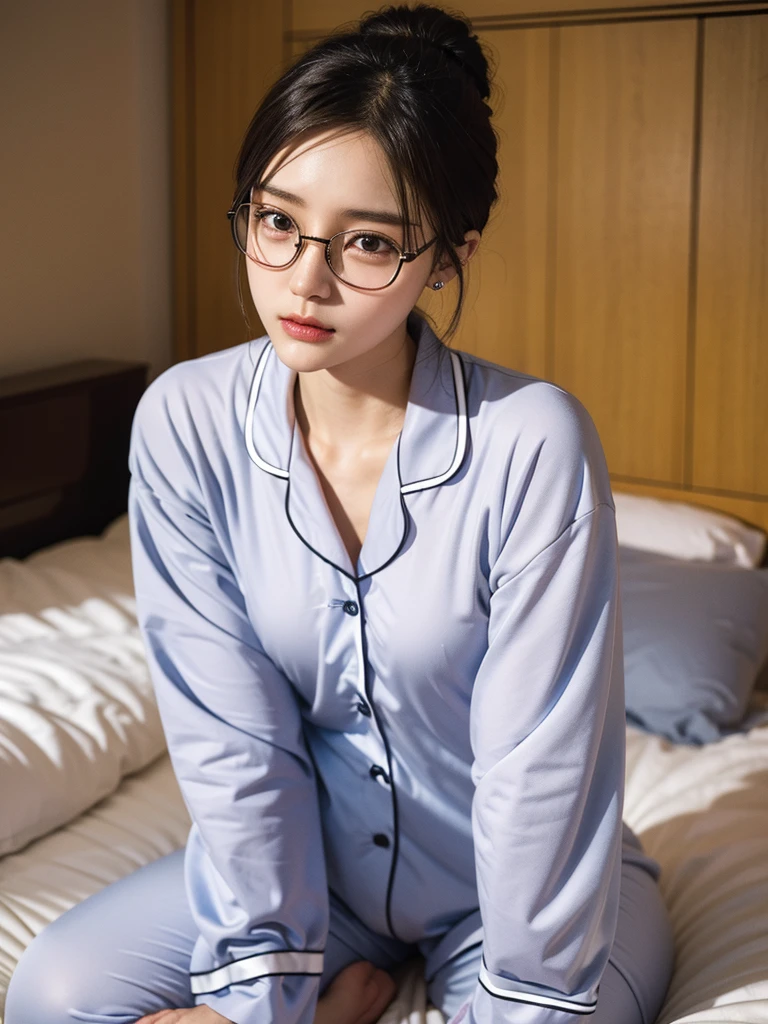 There is a woman sitting on the floor with her legs crossed..., Wearing glasses, Japanese Model, Wearing glasses on, Wearing square glasses, Young Sensual Gravure Idol, Yasumoto Oka, Genuine young gravure idol, Without glasses, Yoshitomo Nara, Aoi Ogata, Wearing glassesいる, Surreal,Provocative,((Beautiful Skin)),((Skin Texture)),((Real Touch)), healthy, unreddish skin, Cute freckles on the cheeks,Mole under left eye,