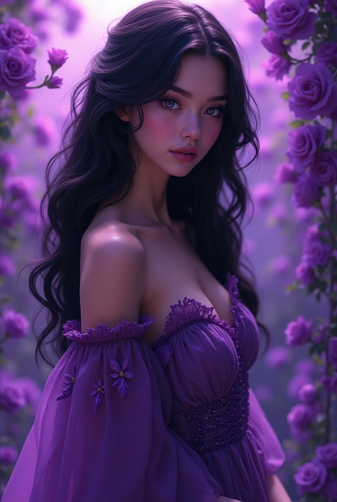 1 sexy girl, long black hair, lavender, lingerie, medium breasts, lace dress, grabs her breasts with her hands, shows her breasts, smile, flower garden, full body, sitting, mountains in the distance, light particles , (depth of field, cinematic angle, cinematic lighting: 1.2), blurred background, blurred foreground, (masterpiece: 1.2), (best quality: 1.2), (very aesthetic: 1.2), (absurdity: 1.2), ( detailed background), newest and intricate details (best quality, 4k, 8k, high resolution, masterpiece: 1.2), ultra detailed, (realistic, photorealistic, photorealistic: 1.37), intricate details, vivid colors, sharp focus, professional, Dave McKean's artwork, surreal oil touch, oil painting style, portrait, woman, beautiful detailed eyes, beautiful detailed lips, dreamy atmosphere, shadow play, soft lighting, fun pose, tones Dark ethereal background, elements fantasy, texture, layered composition.{{ {,nsfw, speech bubble, sexy nude, art inspired by Bill Sienkiewicz and Dave McKean