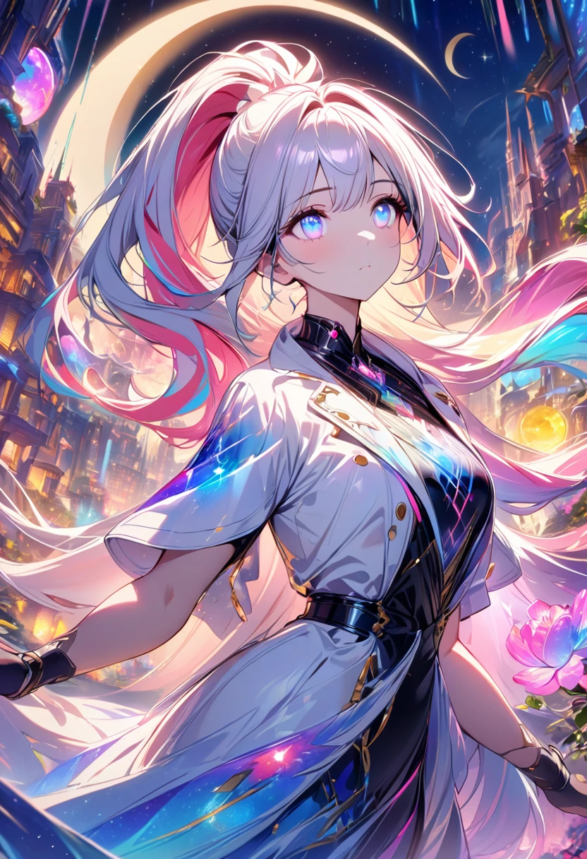 1Girl, long flowing hair, high ponytail, multi colored hair, floating city, glowing eyes, White jacket Uniform with zig zag line, expressionless , looking to the sky, colorful object on the sky, (dreamy:1.1), flowers bloom , glowing crystal jewelry, bubble reflection, crescent moon and stars, (masterpieces:1.3),(outdoor lighting:1.1),(dreamy:0.5),(sky paint:0.25),(chaotic:0.25) ,gloss:0.5,Active Effect