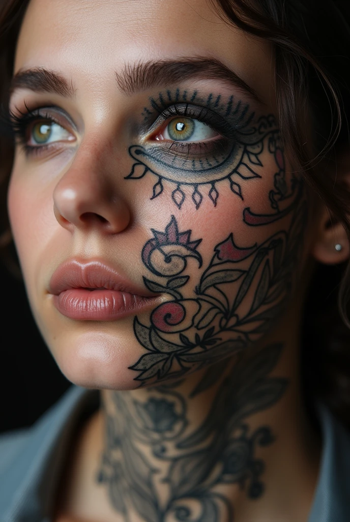 Create a young woman with this appearance: She has her skin completely covered in tattoos, every inch of it is completely covered without leaving any free space, no matter how small.; The inside of his mouth and his forked tongue are also completely tattooed, her scleras are also completely tattooed as well as her lips which are also completely tattooed. She has subdermal scale implants all over her skin, and on the head it has a pair of subdermal horns on the forehead, she also has a long pointy tail. She has many, plus many expanders on the face and many piercings on the body and some on the face, in the mouth and on the tongue. Her teeth are all made of black rhodium encrusted with black diamonds.. She is completely bald, without having any hair since childhood thanks to alopecia universalis. 