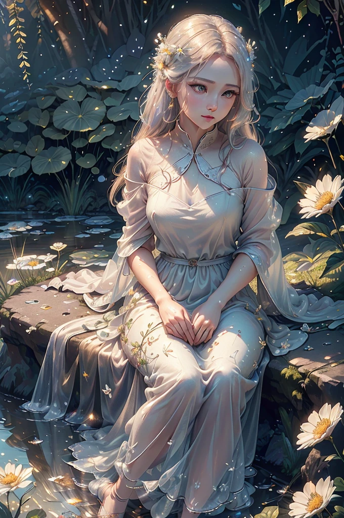 A girl in a summer morning, dew on the grass, White dew solar term, beautiful detailed eyes, beautiful detailed lips, extremely detailed face, longeyelashes, delicate features, serene expression, long flowing hair, elegant white dress, sitting in a field of flowers, sunlight streaming through the trees, vibrant colors, soft lighting, (best quality,4k,8k,highres,masterpiece:1.2),ultra-detailed,(realistic,photorealistic,photo-realistic:1.37),illustration,highly detailed,cinematic lighting,natural scenery,botanical garden