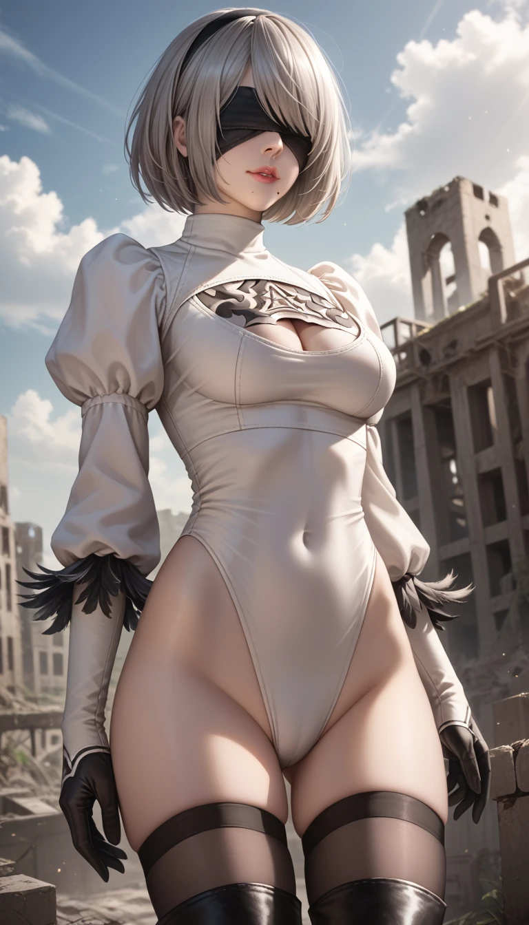 score_9, score_8_up, score_7_up, 32k,masterpiece, highest quality, 
photo realistic, vibrant colors, chiaroscuro lighting, cinematic lighting,
1 woman, inspired nier automata 2B,
bob cut, gray hair, bangs ,mole under mouth, blindfold, pink lips, 
2B leotard, cleavage cutout, skirt, thighhighs under boots,
ruins, a ruined world, devastated cities, 
picturesque, beautiful scenery, dark cloudy sky,
seductive pose, dramatic angle,