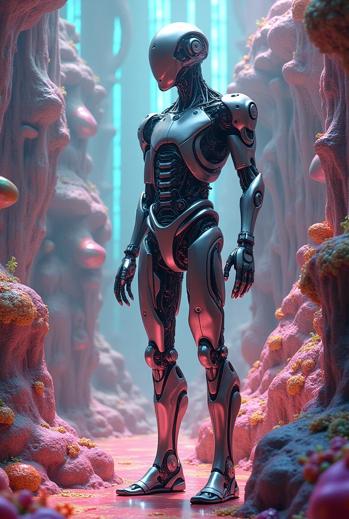 a pink mannequin made of marble , android robot, humanoid robot, Beeple, cinema 4 d, cyberpunk art, net art , in a man standing on a beach next to a large object<lora:digital_human:1.0>