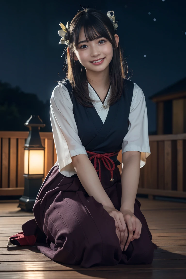 (8k, RAW Photos,Best Quality, High resolution:1.1), (Ultra-realistic:1.4),(Realistic, Realistic:1.3),The Beauty of Japan、entity1.5,miko_clothes1.3、((smile:1.3))、Big Breasts、Beautiful feet、Hair accessories、Night Sky、Awards、Cinema Lighting、Octane Rendering、Unreal Engine、Volumetric DTX、wallpaper、