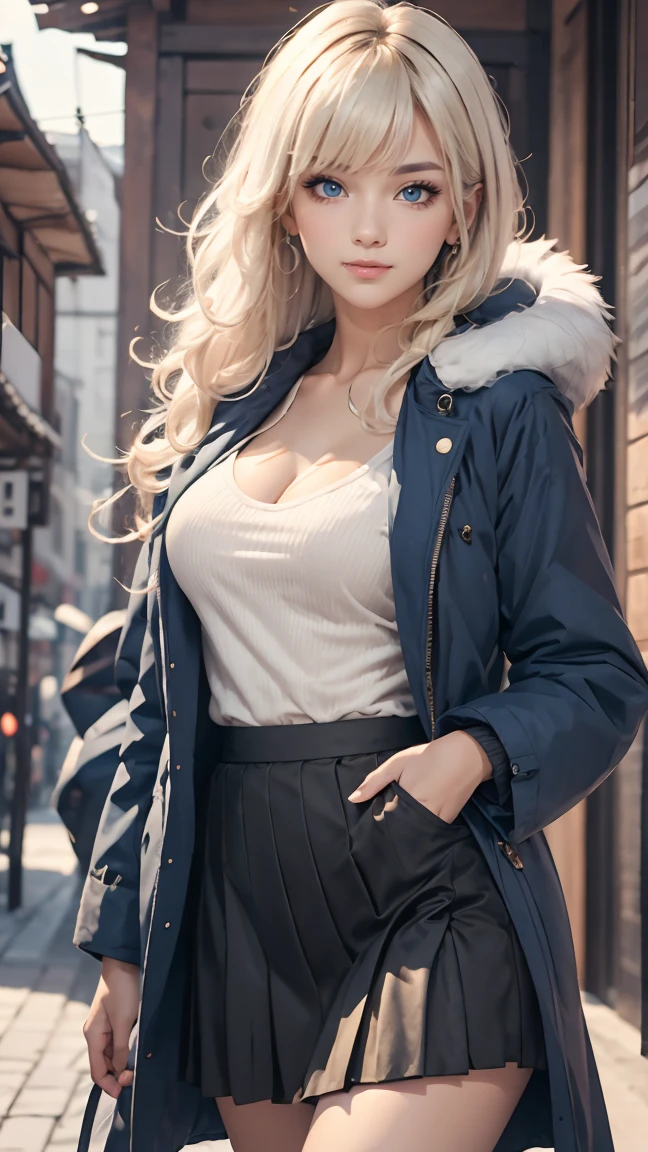 (masterpiece:1.2, best quality), (real picture, intricate details), 1lady, solo, upper body, casual, long hair, minimal makeup, natural fabrics, close-up face, smile, home, long light platinum blonde hair, bangs, wavy hair, voluminous hair, green eyes, big breasts, cold clothing, cute clothes, pleated skirt, black skirt, beautiful clothing, blue parkas, blue coat, coat with fur, blue coat white fur, bangs on forehead, Korean bangs, cute bangs. risbeauty asia,