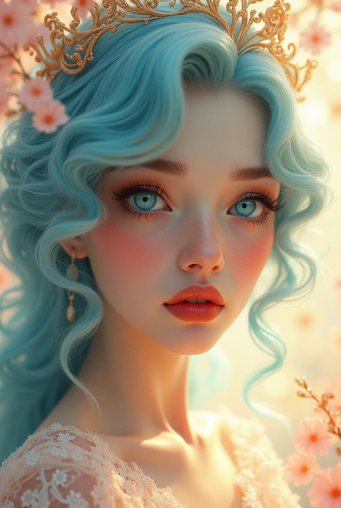 light blue hair, turquoise eyes, long eyelashes, big red lips, apricot eyes, beauty, female, curly hair, princess