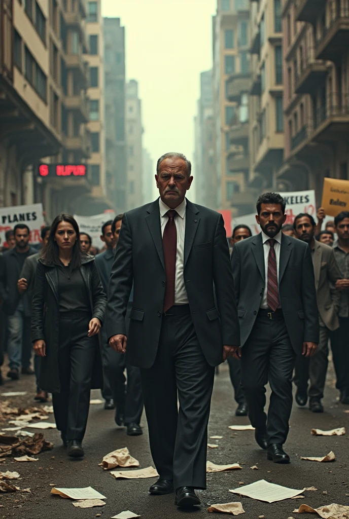 thousands of executives with sad expressions, dejected and with their heads down, walking down the street on a gray day, realistic, 8k