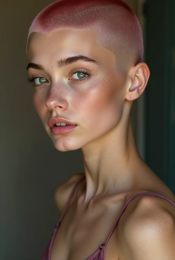 Close-up do rosto de uma supermodelo adulta naked, in a busy, cluttered environment (crowded city street) fund, detailed fund, giorno, clear blue eyes, short burnt pink hair detailed with ponytail, shaved side haircut, freckles, blushful, (burning expression), single raised eyebrow, ombre, black lipstick, pierced eyebrow, , breasts big, fake boobs:1.2),) top cut), looking at side, Angular superheroine sexy face,
