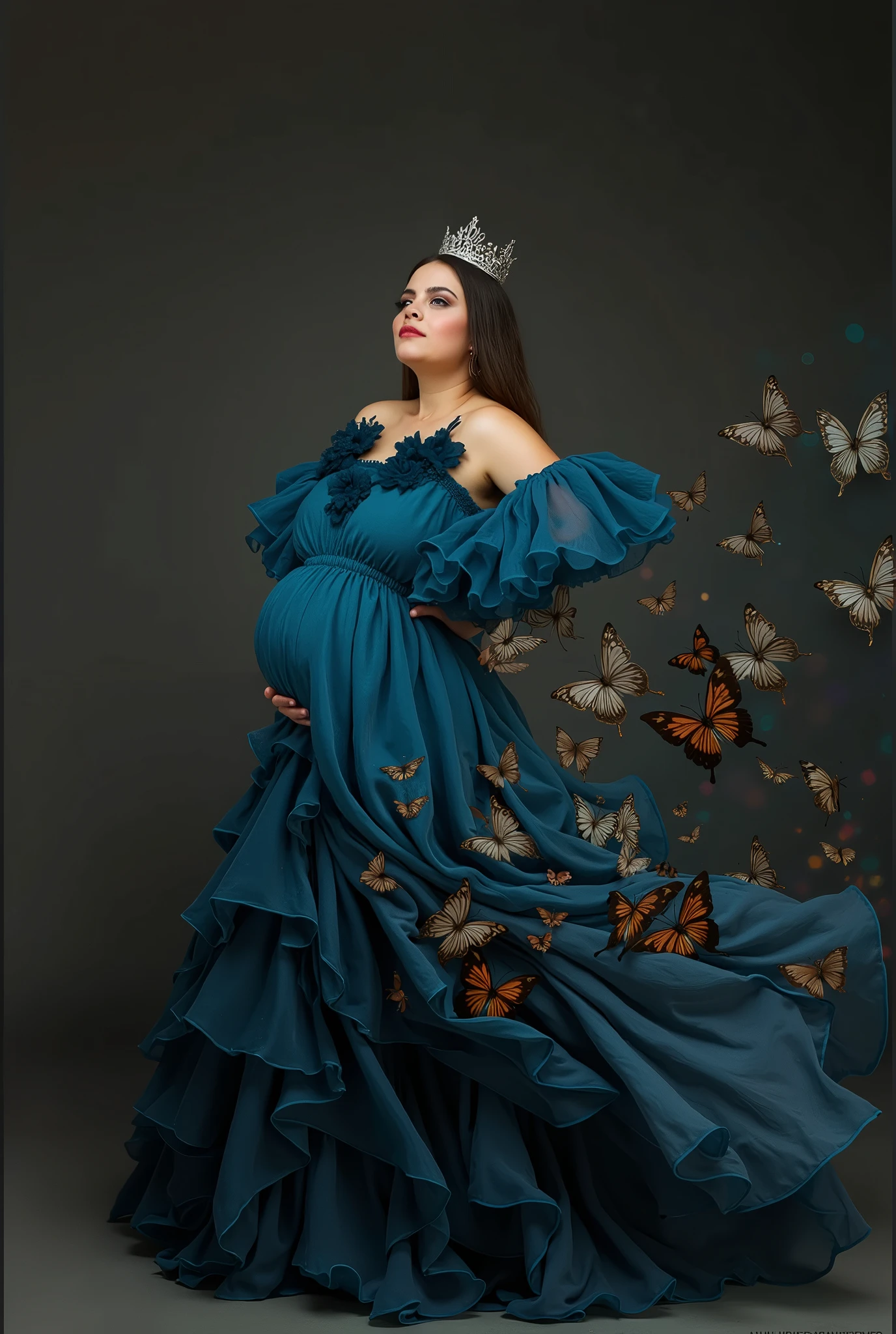 pregnant woman in blue dress with butterflies flying around her, digital art inspired by Cynthia Sheppard, trending on cg society, digital art, maternal photography 4 k, blue swirling dress, belly free teal dress, pregnant belly, modeling photography, dressed in blue, gorgeous and beautiful, rich blue colors, beautiful gown, profile pic, captivating and enticing, fine art fashion photography