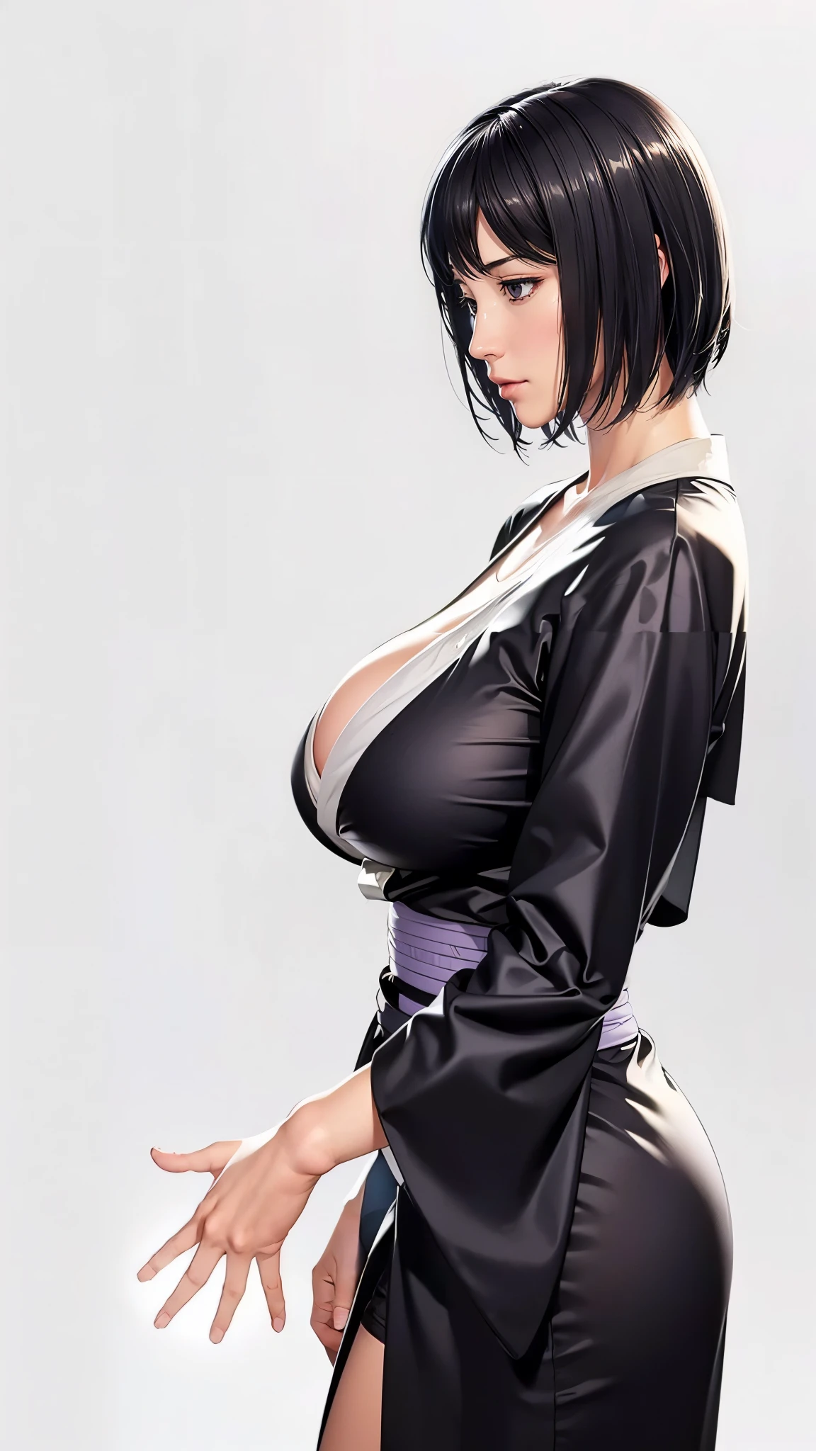 (（（Perfect body,White and tender skin,（（（black kimono,Black clothes, mesh underwear, purple belt,）））,(（（shizune,Black hair, short hair, black eyes））),((masterpiece)),highres,((Best quality at best)),masterpiece,quality,Best quality,(（（ Exquisite facial features,Looking at the audience,There is light in the eyes, ）））,Huge breasts,Woman looking down in thought，Tyndall effect，）））