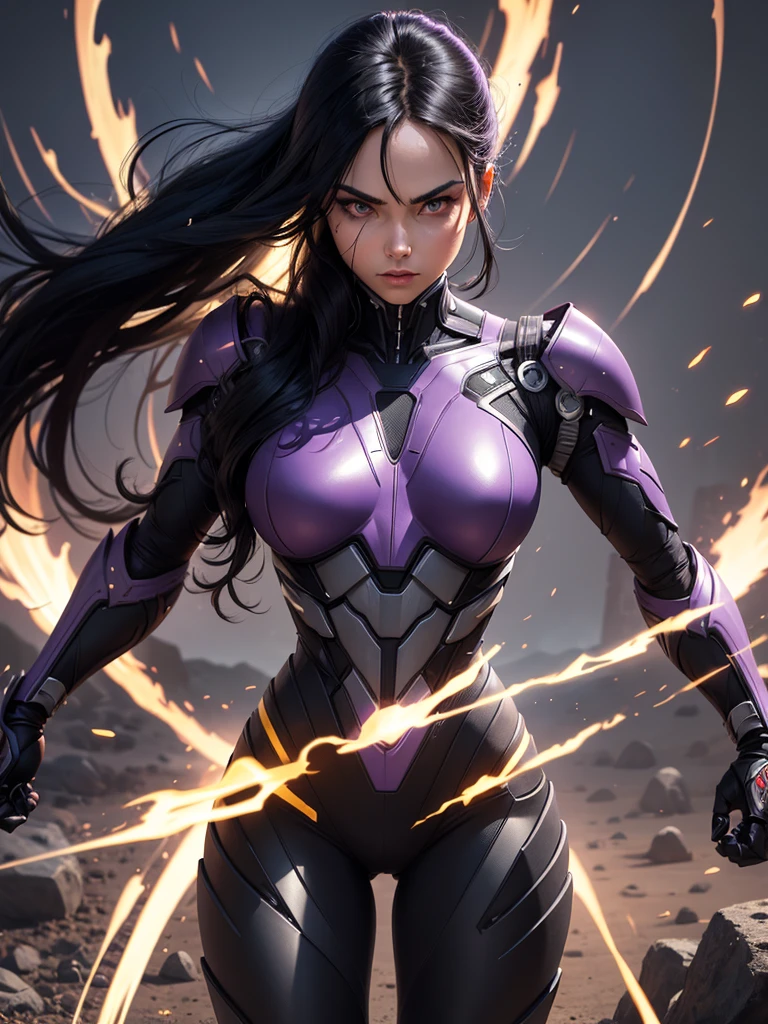 1girl, skinny body, (masutepiece,Extremely detailed, Heavy mechs, hard surface),(concept art:1.1),(Armored Core Style:0.8), A woman wearing ninja robo armor is standing, black hair, (purple body:1.1),(long legged:1.1),(equipped with a gun:1.1),(A detailed eye:1.3),(A detailed face:1.3),(Detailed weapons:1.3),(Detailed body:1.3),((full bodyesbian:1.5)),(In the background, leaves are scattered by the wind.:1.5),lifelike