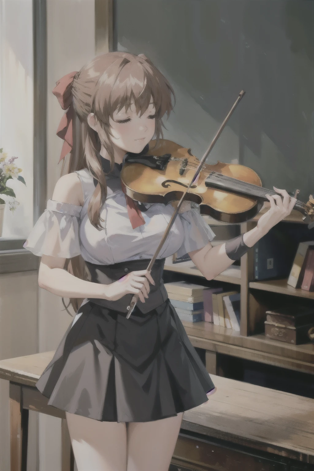 1girl, playing violin, violin, bow \(music\), spring, off-shoulder top, ((stand)), skirt, big breasts, boot, closed eyes, best quality, 8k, masterpiece, school room,