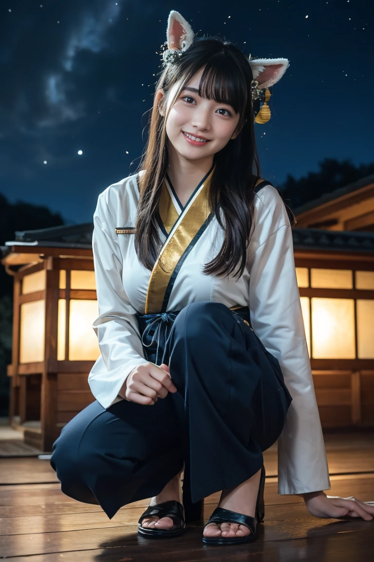 (8k, RAW Photos,Best Quality, High resolution:1.1), (Ultra-realistic:1.4),(Realistic, Realistic:1.3),The Beauty of Japan、entity1.2,miko_clothes1.3、((smile:1.3))、Bunny ears:1.5、Big Breasts、Beautiful feet、Hair accessories、Night Sky、Awards、Cinema Lighting、Octane Rendering、Unreal Engine、Volumetric DTX、wallpaper、