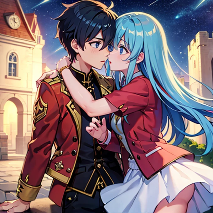 A girl with blue eyes and light blue hair, red blouse with yellow lines, pink panties, a gold bracelet and white skirt affectionately kissing a boy with short black hair on the lips, ojos marrones, lentes, red jacket with a night castle behind them and shooting stars in the sky