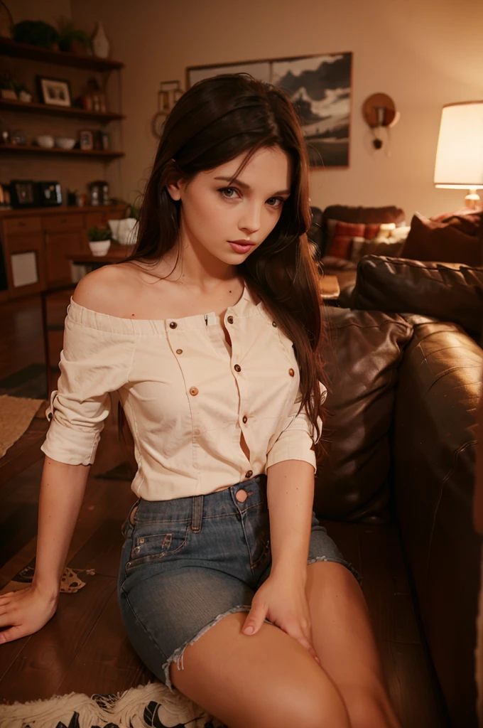 Cute woman, dark auburn hair, messy shoulder length hair, flanel button down shirt, jeans, sitting on the floor of a cozy living room by the coffee table, dim cozy lighting