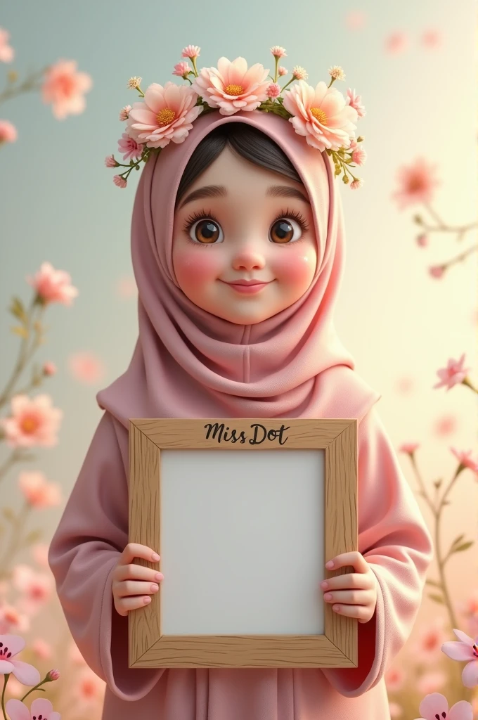 Illustrated 3D a black picture frame. inside the frame is a beautiful, sweet, soft teenager girl wearing hijab put a name “Ardini” under the frame and behind the girl is flower and LED light the backgroud is brickwall