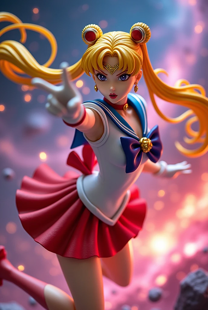 ((Smooth texture:0.75, Realistic texture:0.65, Realistic:1.1, Anime CG Style)), 8K, masterpiece, highest quality, High Resolution, Month 1, 1 girl, alone, Sailor Warrior Uniforms, ((Sailor Moon:1.3)), ((Usagi Tsukino:1.2)), blonde, Magical girl, blue eyes, White panties, ((Red ribbon:1.5)), Red scarf, Elbow hand pockets, Pleated skirt, Navy blue mini skirt, choker, White gloves, jewelry, Earrings, smile, The background is space (Amazing details, Excellent lighting, Wide-angle), full moon, ((Showing panties:1.5)),