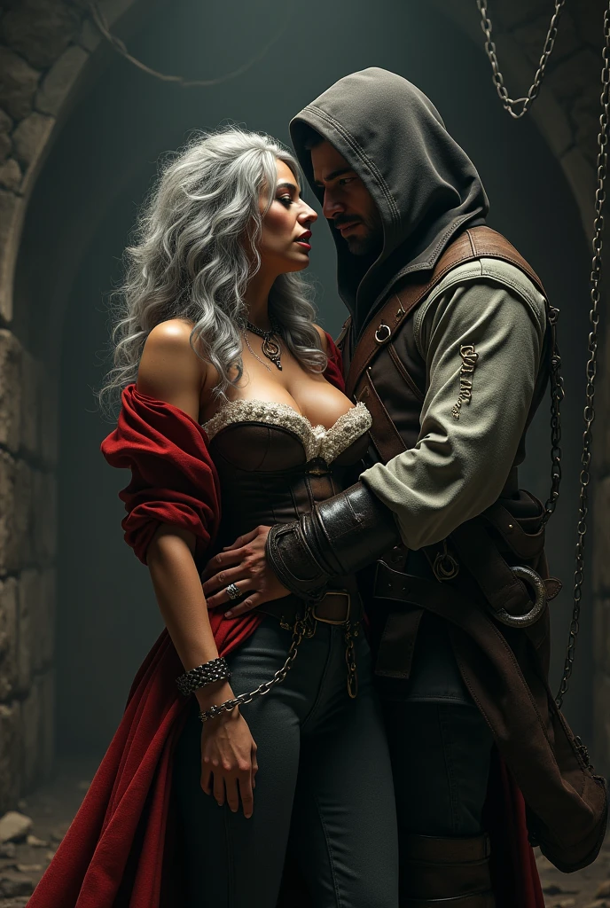 Jane of Shadows at the Sign of The Burning Pestle inn with her arm around the waist of Evene the beautiful mysterious naked blonde witch,medieval
