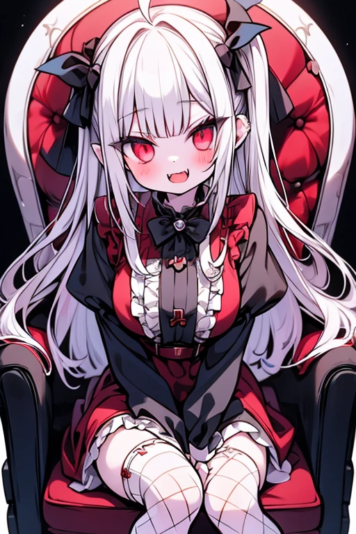 A mature, white-haired female vampire,Tall posture,Capture your whole body on camera,Sitting on the throne,look down on all beings,Red glowing eyes,Huge multi-layered pupil with color gradient,Lift your head,A student gazing at the camera,Grinning smile,The vampire's fangs are bared at the corners of her mouth,A smile of contempt,A gothic ta outfit,15D black stockings,Sit with your legs up,Lean on the arm of a chair,Upper body resting on an armrest,One hand resting on the armrest of a chair、Supports the cheeks,Pupil Highlights,The characters are rich in detail,Delicate facial depiction,Delicate depiction of clothing,Delicate Gestures,Cool Tones,night,Inside the pitch-black castle,Huge floor-to-ceiling glass windows,Cold moonlight from the window illuminated the ground.,The interior is mostly dark,Backlight,Image sharpening,colorful,The character is very sharp,16K,Advanced photography,Rich in details