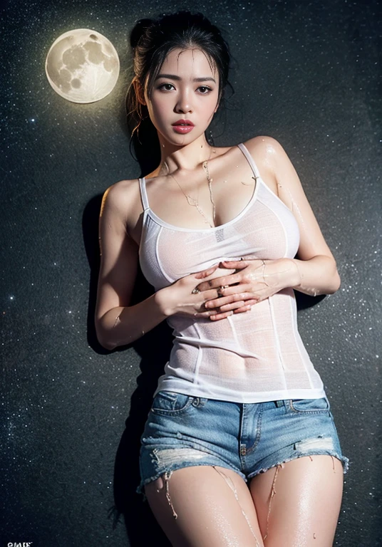 (((night))), (((Starry sky and moon))),A boldly composed photograph of a Japanese woman that looks like it was taken by a famous artistic photographer, (((Blockbuster art photography)), (8k, Highest quality). A stunning composition using a model with excellent proportions. Perfect beauty model with a confident and balanced appearance, ((Highest quality質)), ((masterpiece)), (Familiar:1.4), ((Highest quality質のリアルな写真)), ((Shot with Hasselblad)), ((Best photo quality)), Beautiful womanの画像,Super Resolution,Slim and perfectly proportioned, Beautiful woman, ((Highest quality質, 8k, masterpiece: 1.3)), Beautiful woman, 1 female, Slim figure: 1.1, Perfect beauty, 20-year-old, (Realistic: 1.4), ??????, Shining Sweat, thin, Art photo composition with space around the woman, See through, (((The background is the American wilderness))), Full body photo, Anatomically correct hand, Anatomically correct legs, anatomically correct whole body, White camisole and shorts. Cowboy Shot, (((Holding your ?????? with your hand))). Spread your legs, Drink Calpis, ??????? are protruding,, (((My camisole is wet with Calpis))), (((Being drunk))), (((Drooling))),  (((Lying on one's back))), (((The background is a vast desert landscape))), (((night))), (((Starry sky and moon))),