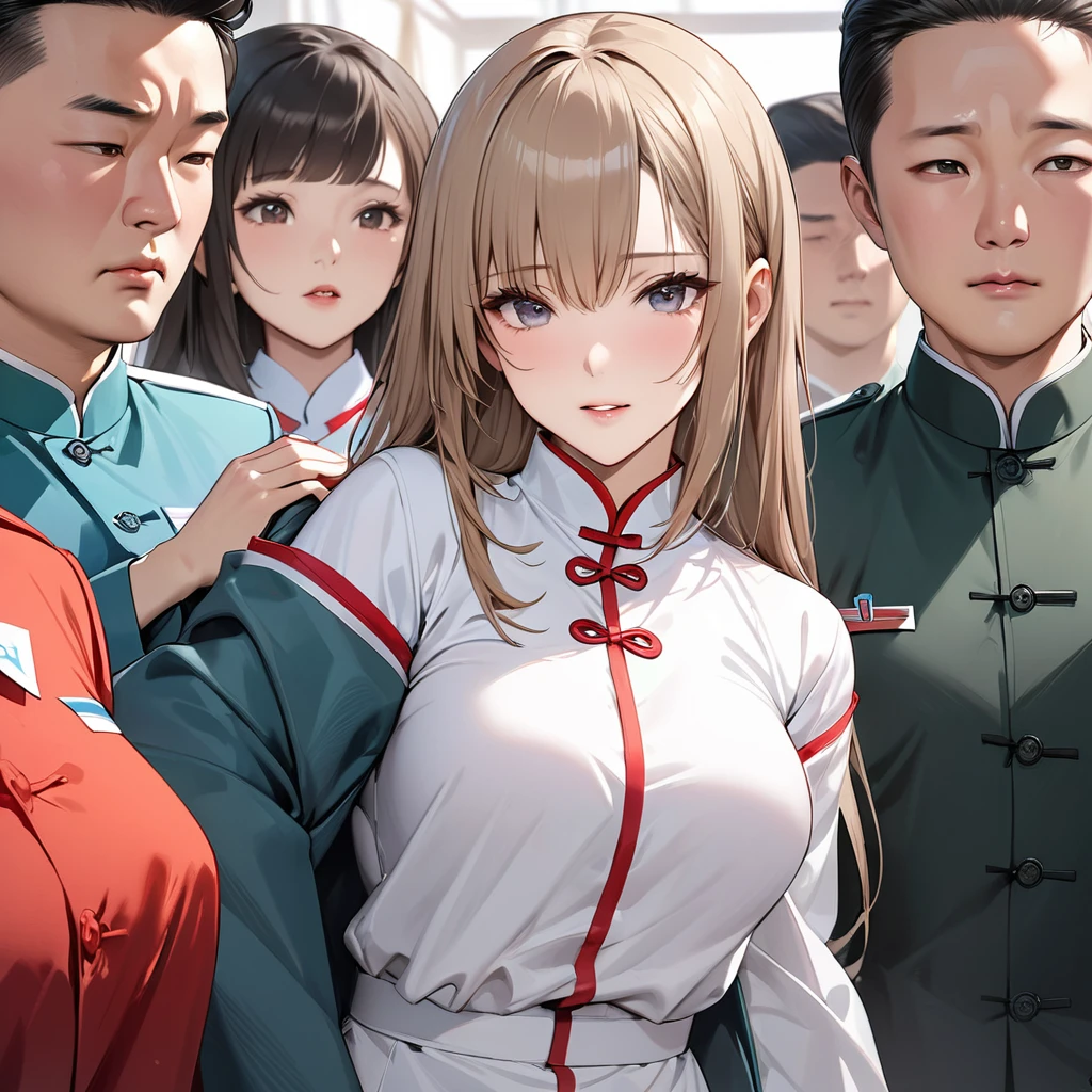 ((Best Quality)), ((masterpiece)), (detailed), （Perfect Face）、The woman is Yuuki Asuna, a beautiful Japanese woman with light brown hair, beautiful proportions and an engagement ring.、The woman is wearing a North Korean Mao suit and has naturalized in North Korea.、The women are indoctrinated in North Korea&#39;s brainwashing education facilities, and the ideological indoctrination is complete. They line up to become North Korean women and pledge allegiance to the North Korean general.