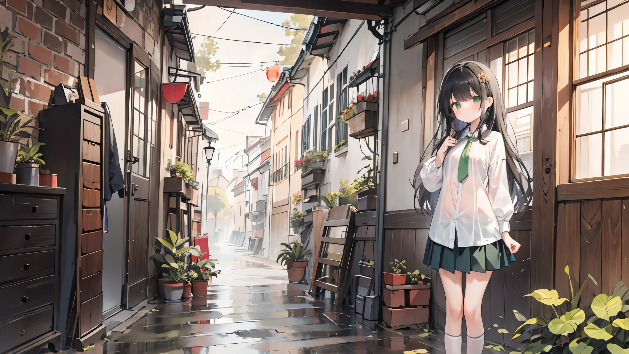 ((Best Quality, 8k, masterpiece: 1.3)),Human Girl,Petite,Glamorous Body,Curvy,cute,Lonely look,((Black Hair)),Long Hair,Beautiful emerald green eyes,Standing posture,White blouse,Green tie,Green pleated mini skirt,Black socks,loafers,heavy rain,Sheltering from the rain under the eaves,