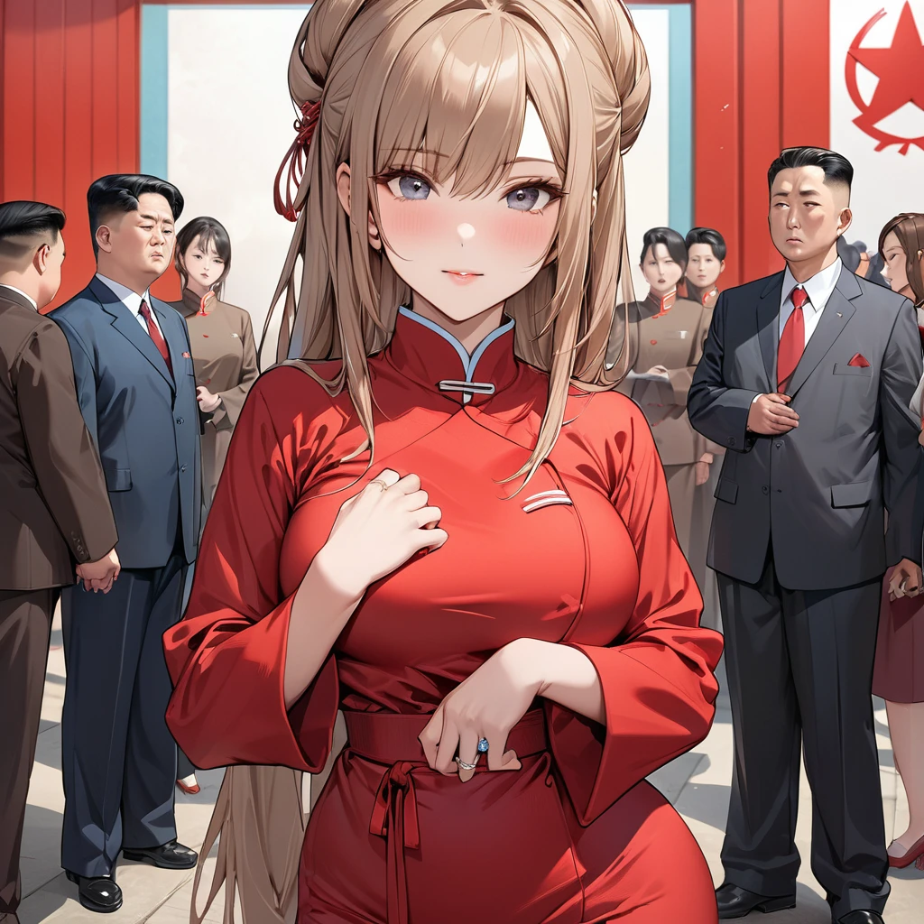 ((Best Quality)), ((masterpiece)), (detailed), （Perfect Face）、The woman is Yuuki Asuna, a beautiful Japanese woman with light brown hair, beautiful proportions and an engagement ring.、The woman is wearing a North Korean Mao suit and has naturalized in North Korea.、The women are indoctrinated in North Korea&#39;s brainwashing education facilities, and the ideological indoctrination is complete. They line up to become North Korean women and pledge allegiance to the North Korean general.、The woman is wearing the hairstyle and makeup of North Korean women that the general prefers.