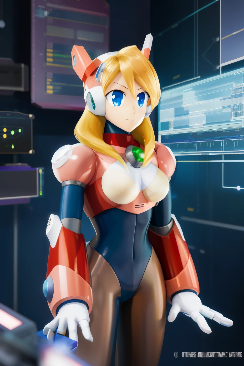 aliased_mega manx, 1 girl, Alone, breasts, blue eyes, blonde hair, android, long hair, robot ears, laboratory, work of art, high quality, 