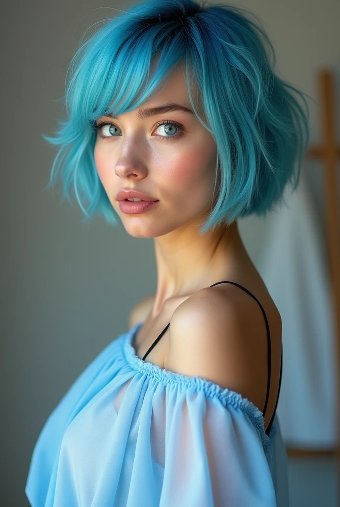 (Highest quality, 8k, 32K, masterpiece, Ultra-high resolution:1.2),Cute 1 American woman image, Large Breasts, Very short bob hair,Upper Body,Face Focus,(Extra Large_sweater,:1.1) necklace, background, View your viewers, Leaning forward, (((Silver streaks in blue hair))), (((Bright light blue eyes))) (((Award-winning details)) ((Avatar makeup and pop star clothing)))