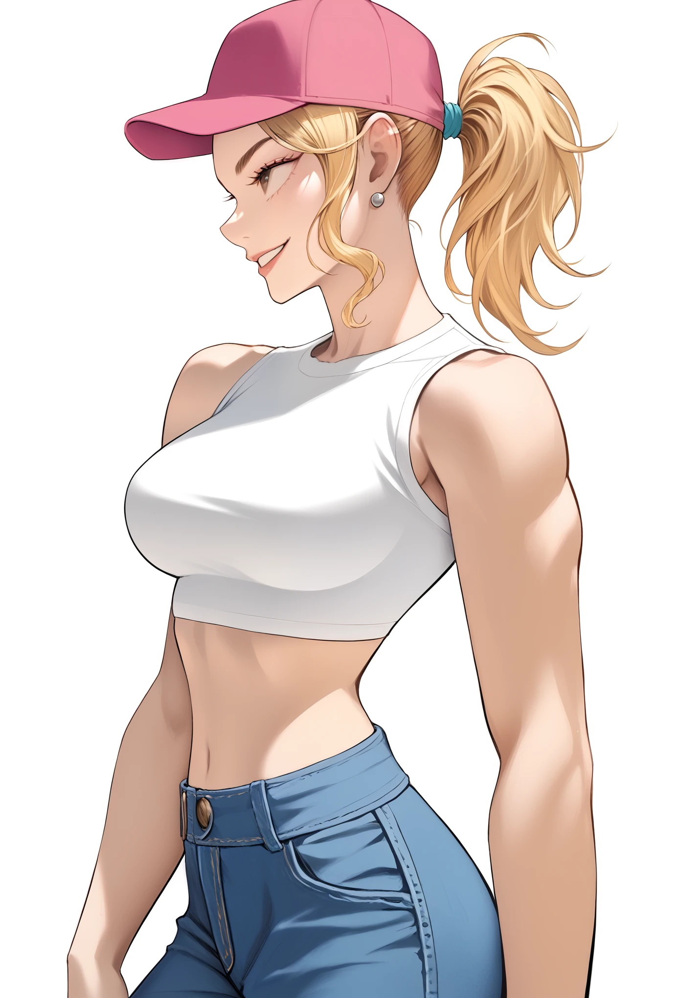 score_9, score_8_up, score_7_up, score_6_up, 1girl. big breasts, pale skin, facing viewer,, pigtail hairstyle, smirk, crop top, straps. pants, baseball cap, white background, earring, confident, high resolution, high quality, ultra detailed, super defined, sharp focus, crisp lines, ultra realistic, perfect lighting, perfect composition, perfect proportions, perfect perspective, perfect colors, perfect mood