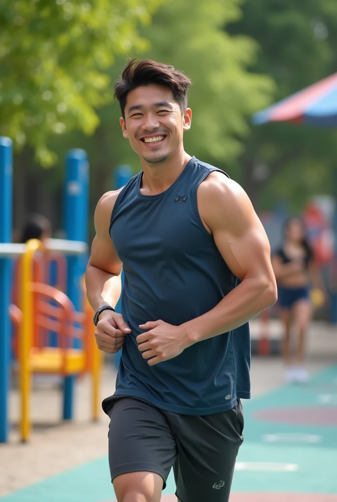(Create a masterpiece: 1.2),(CGI art:1.3),(realistic:1.5),(After processing:1.3), (Sharp focus:1.3), 1 man, open mouth, smile, (Navy blue round neck shirt), shorts, Korean guy , korean men, (High gloss details), chest muscles, large arm muscles, blood vessel, Big muscles, Broad shoulders, looking at the audience, Balancing the eyes, Seaside, beach, sunlight, running towards the camera