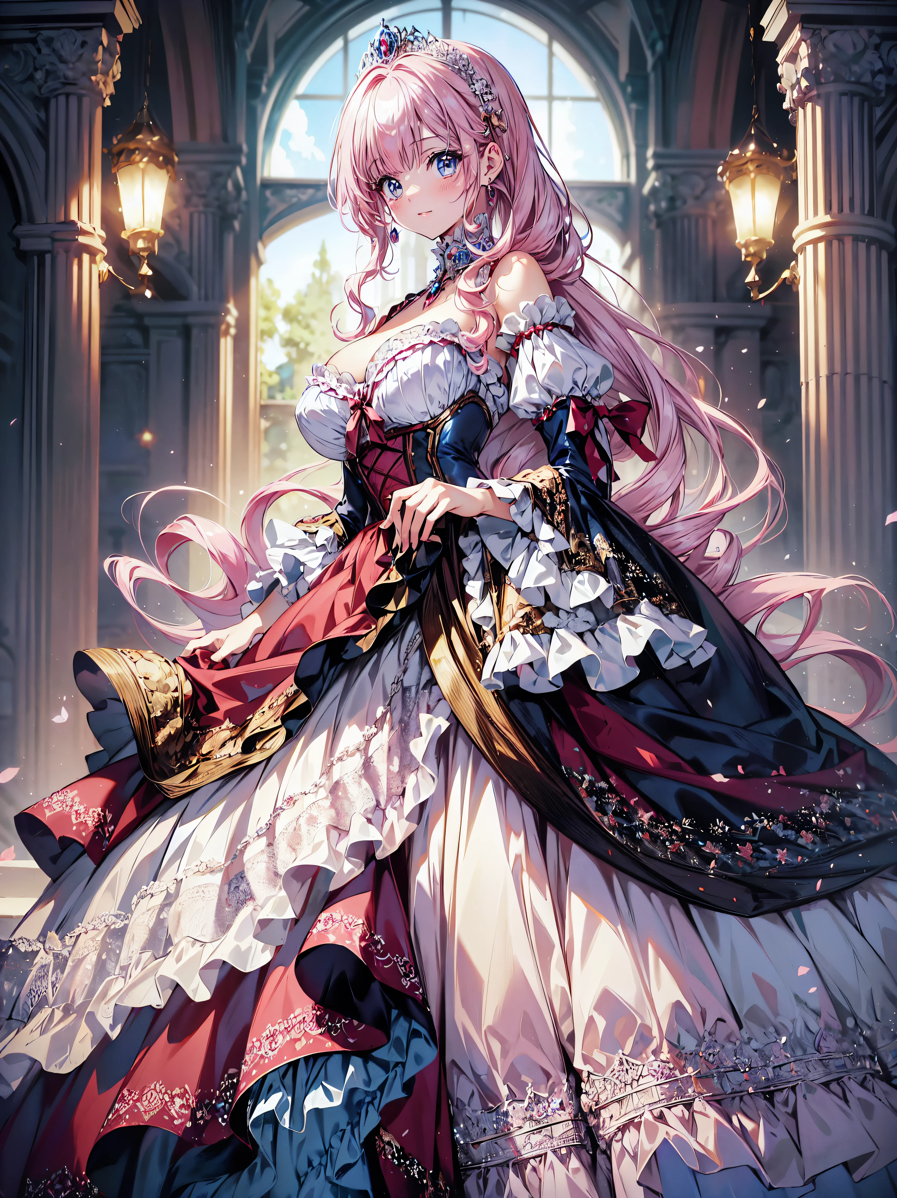 ((masterpiece)), ((top quality)), ((high resolution)), (((ultra detailed))), moe anime art style, (solo younger face princess), full body, (((beautiful eyes blue eyes))), hyper detail eyes, super delicate and beautiful face, beautiful smile, 
BREAK 
((princess rococo gown with voluminous full length hoop skirt and long hem)), (((shiny dark red taffeta fabric))), over skirt with plenty of frills and luxurious embroidery, skirt with precision lace, huge breasts, breast focus, cleavage cutout, 
BREAK 
(((hair pink hair))), (long fluffy ponytail), curly hair, bangs, beautiful silver and jeweled hair accessories, light sparkles, depth of field, magnificent panorama view, 