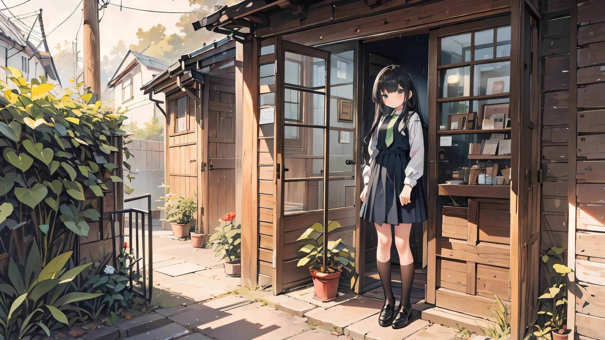 ((Best Quality, 8k, masterpiece: 1.3)),Human Girl,Petite,Glamorous Body,Curvy,cute,Lonely look,((Black Hair)),Long Hair,Beautiful emerald green eyes,Standing posture,White blouse,Green tie,Green pleated mini skirt,Black socks,loafers,heavy rain,Sheltering from the rain under the eaves,