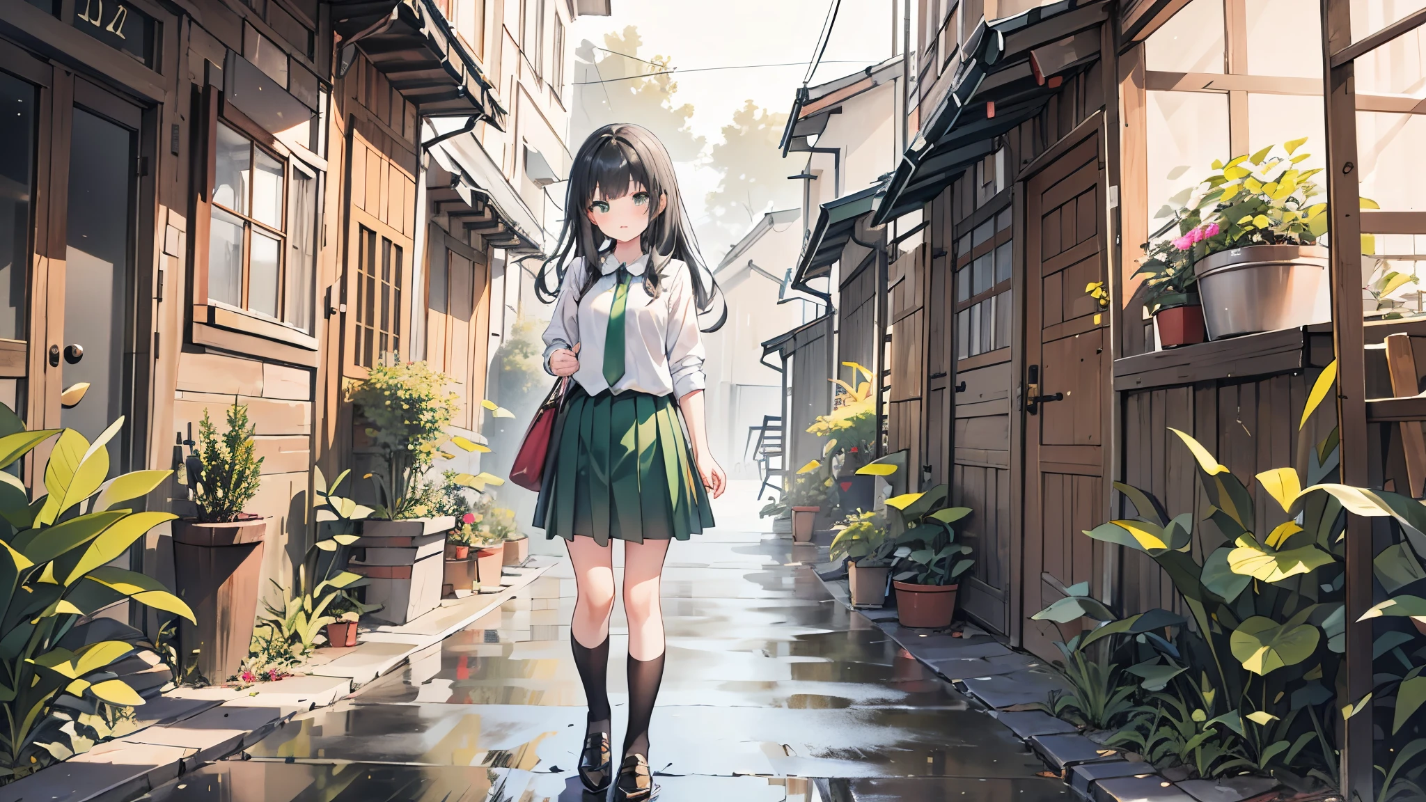 ((Best Quality, 8k, masterpiece: 1.3)),Human Girl,Petite,Glamorous Body,Curvy,cute,Lonely look,((Black Hair)),Long Hair,Beautiful emerald green eyes,Standing posture,White blouse,Green tie,Green pleated mini skirt,Black socks,loafers,heavy rain,Sheltering from the rain under the eaves,