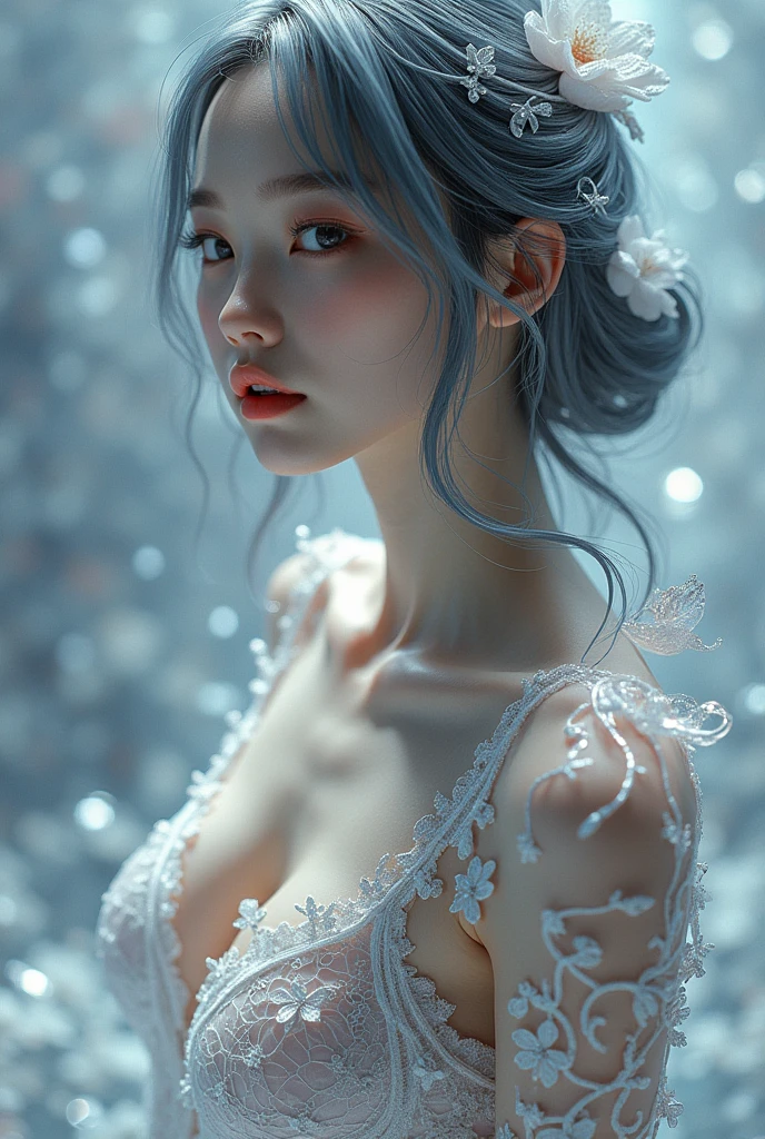 (((masterpiece))), highest quality, figure, 4k wallpaper, Cinematic Light, Absurd, One girl,(snow,ice), Snow Flower, In winter, Gray Hair, Shiny Hair, Wavy Hair, Transparent clothes, Frills, race, Wet clothes, off_shoulder, Hair Scrunchie,masterpiece, telescope lens, Absurd, Graceful featureovie Posting,Poster composition,Strike a pose gracefully,classical,Natural light,Soft Light,(7 Doppelgangers) ,amazing,Dreams are magical,Mysterious