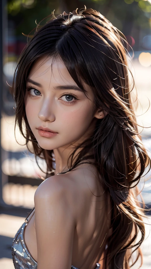 masterpiece, best qualitiy, RAW photos, realisticlying, A high resolution, hyper-detailing, Focus on the face, looking at viewer, Detailed eyebrows, realistic beautiful eyes, realistic glossy skin, straight Bangs, realistic movie lighting, detail shaded, high contrast, Slender, big boob, Big breasts, Exposed cleavage, open mouse, nsfw, Sexy face, Facial expressions when receiving pleasure, ((Dark background))