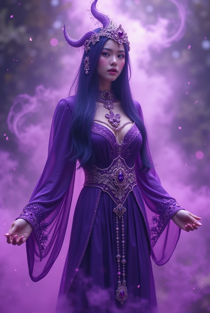 A beautiful and attractive woman with beautiful amethyst jewelry, wearing a long purple dress and a ski collar and a necklace with an amethyst ring, having an amethyst stone on her forehead, and the background of the photo should be an amethyst stone.