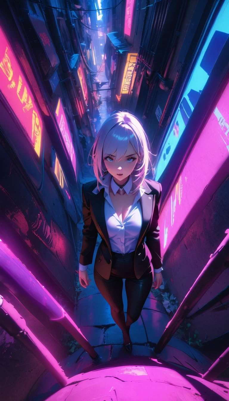 a woman in a suit, looking down at viewer with sharp eyes, she is smoking a cigarette, hands are in the trouser pocket, beautiful, pink eyes, white long twintail hair, side view