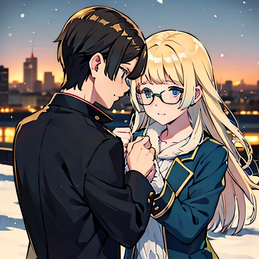 1 boy with black hair, Red jacket and glasses romantically kissing a girl with blonde hair with green tipsand blue eyes, white dress. Snowing City at night in the background., True love, blushing cheeks, high quality 