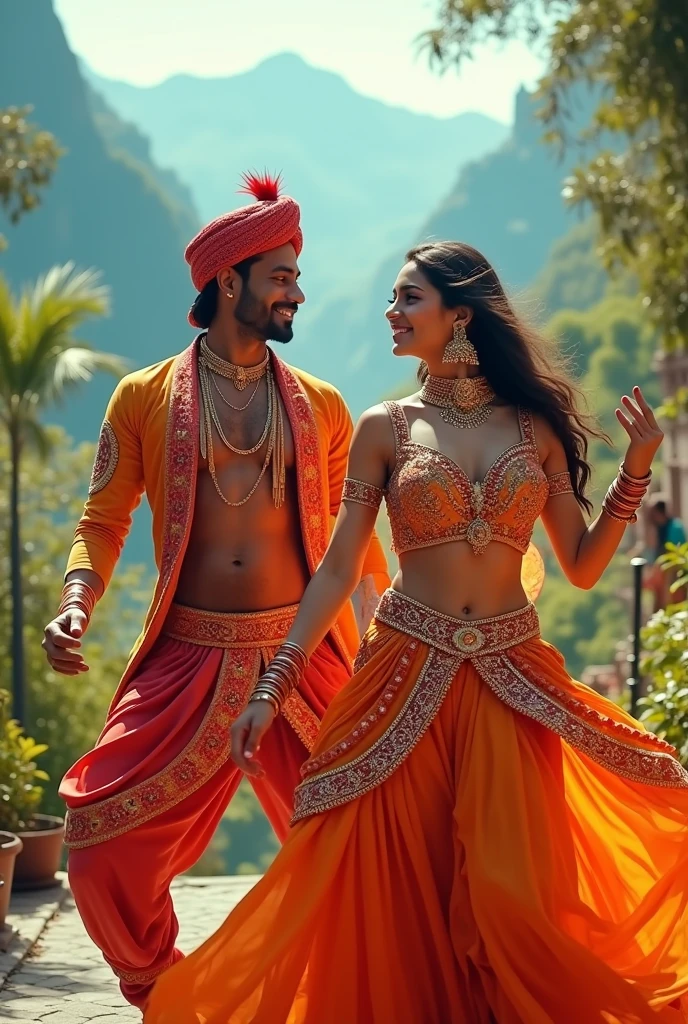Indian men and women, glittering costumes, dancing, smiling with their mouths wide open, use of flashy colors, use of primary colors, illustration style