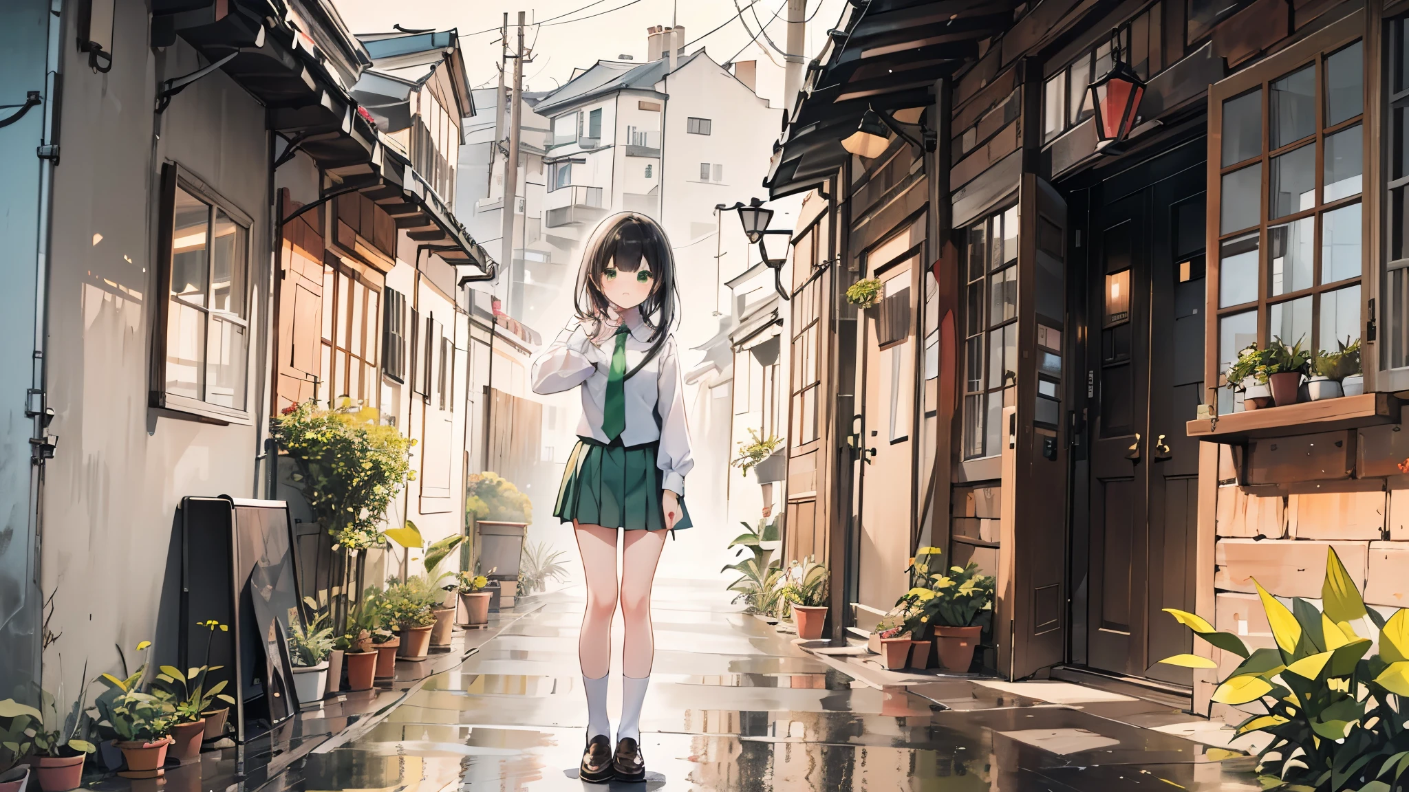 ((Best Quality, 8k, masterpiece: 1.3)),Human Girl,((Petite,Glamorous Body,Curvy)),cute,Lonely look,((Black Hair)),Long Hair,Beautiful emerald green eyes,Standing posture,(((White blouse,Green tie,Green pleated mini skirt,Black socks,loafers))),((heavy rain,Sheltering from the rain under the eaves)),